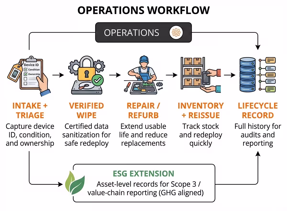 Depot operations showing devices being processed through intake, wipe, repair, and inventory