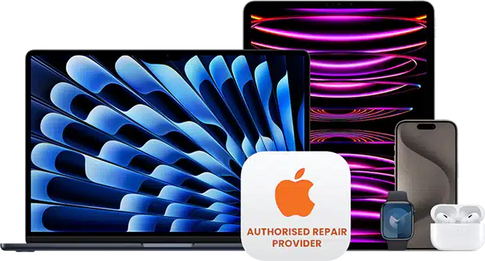 A collection of Apple devices including a MacBook, iPad, iPhone, Apple Watch, and AirPods